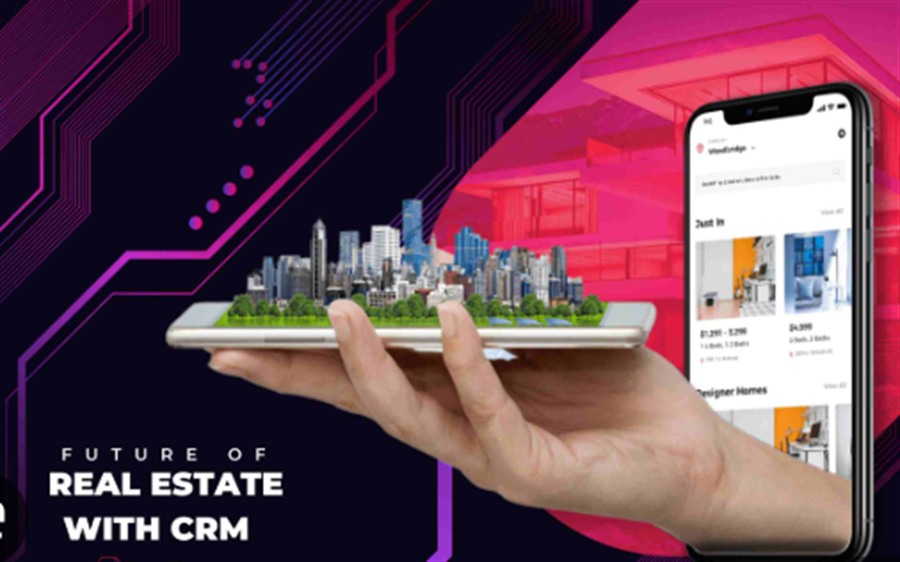 Real Estate CRM concept showing digital property management and mobile client engagement.
